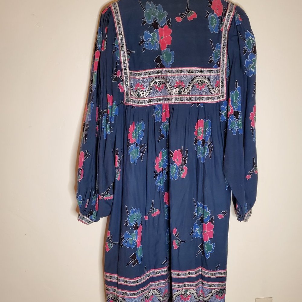 Night Spirits Navy Pink and Silver Floral Long Sleeve Indian Hippie Folk Dress - Picture 4 of 9